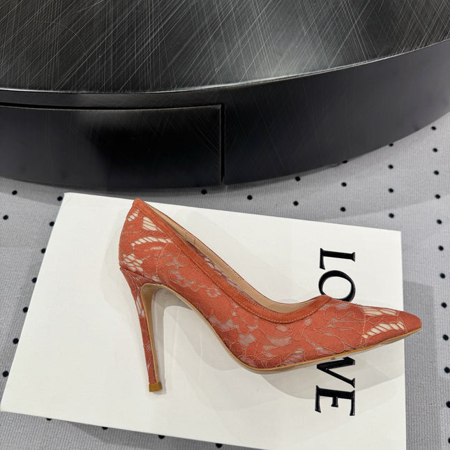 GIANVITO ROSSI 26S HIGH HEELS 105 MM IN PEACH ORANGE LACE FABRIC