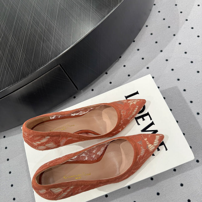 GIANVITO ROSSI 26S HIGH HEELS 105 MM IN PEACH ORANGE LACE FABRIC