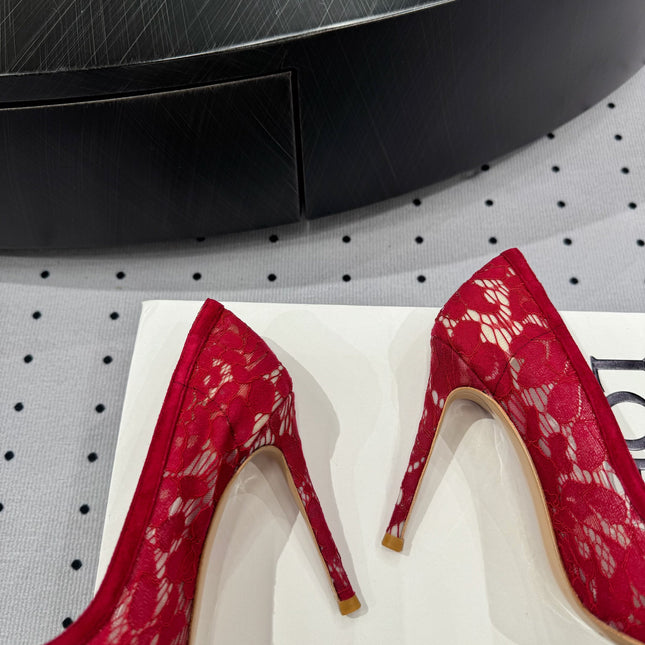 GIANVITO ROSSI 26S HIGH HEELS 105 MM IN DARK RED LACE FABRIC