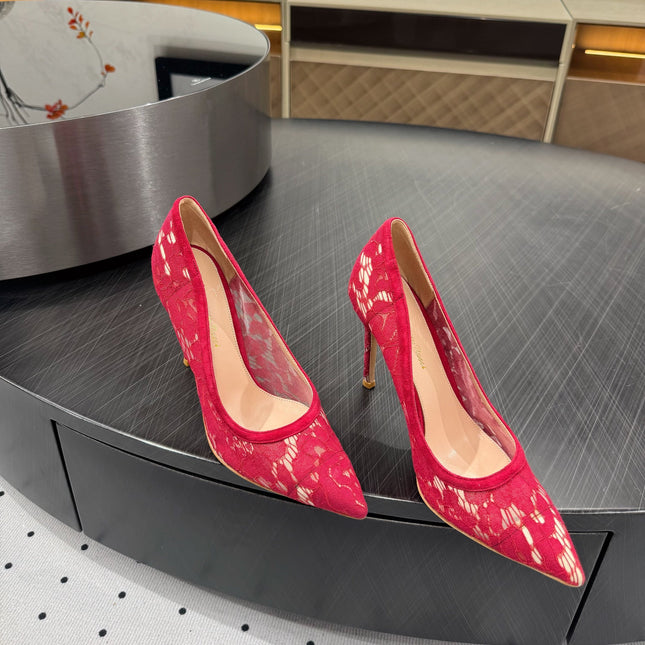 GIANVITO ROSSI 26S HIGH HEELS 105 MM IN DARK RED LACE FABRIC