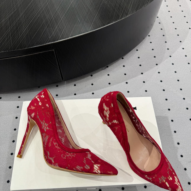 GIANVITO ROSSI 26S HIGH HEELS 105 MM IN DARK RED LACE FABRIC