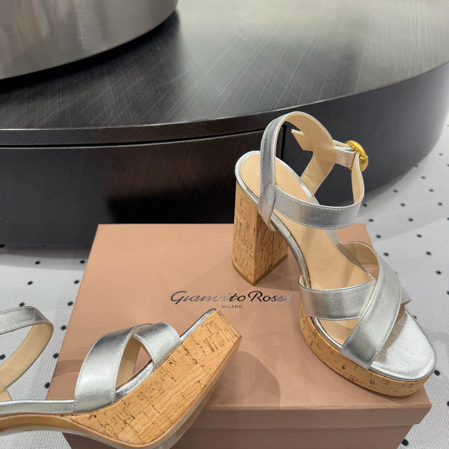 GIANVITO ROSSI 26S CROSS-STRAP SANDALS 115 MM IN SILVER CALFSKIN