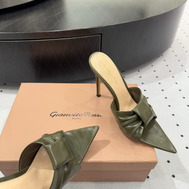 GIANVITO ROSSI 26S KNOTTED STRAP SANDALS 105 MM IN MOSS GREEN LAMBSKIN