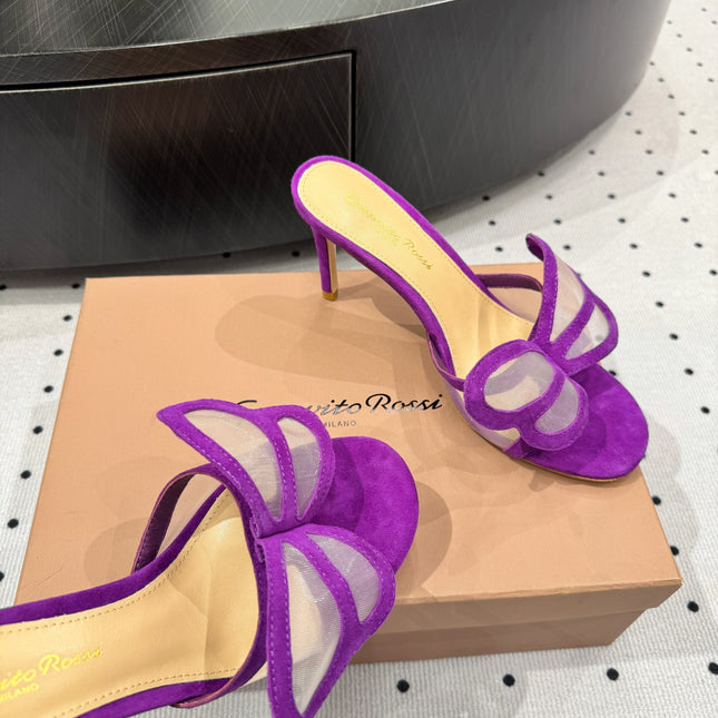 GIANVITO ROSSI 26S BUTTERFLY HIGH-HEEL SANDALS 80 MM IN DARK PURPLE SUEDE
