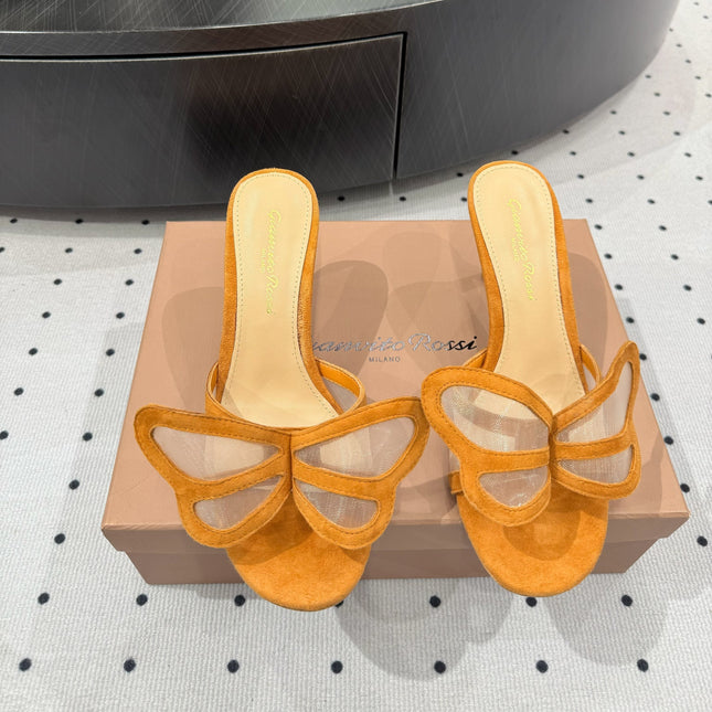 GIANVITO ROSSI 26S BUTTERFLY HIGH-HEEL SANDALS 80 MM IN DARK ORANGE SUEDE