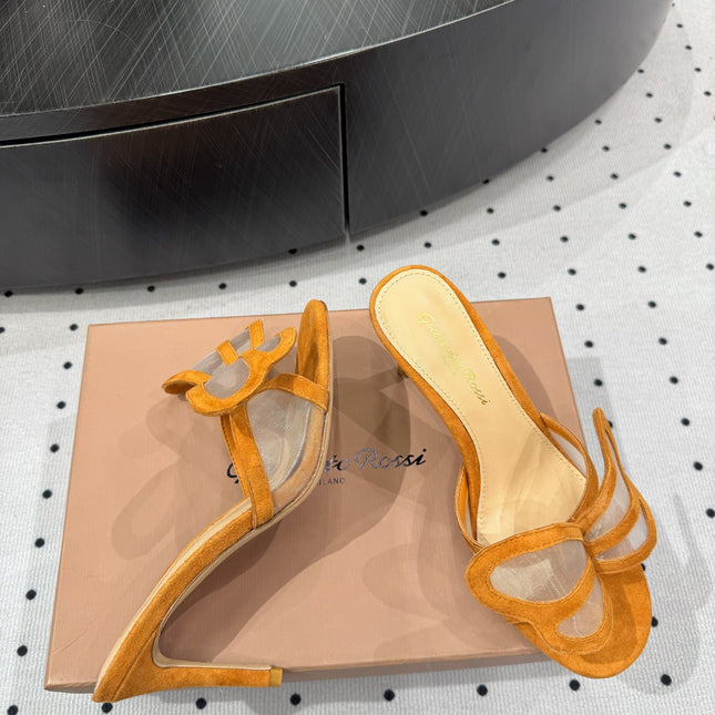 GIANVITO ROSSI 26S BUTTERFLY HIGH-HEEL SANDALS 80 MM IN DARK ORANGE SUEDE