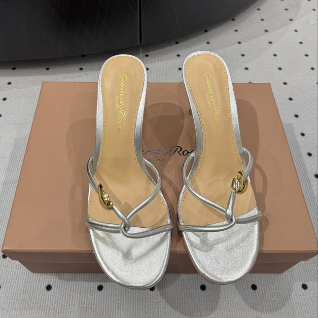 GIANVITO ROSSI 26S STRAPPY HEEL SANDALS 80 MM IN SILVER LAMBSKIN