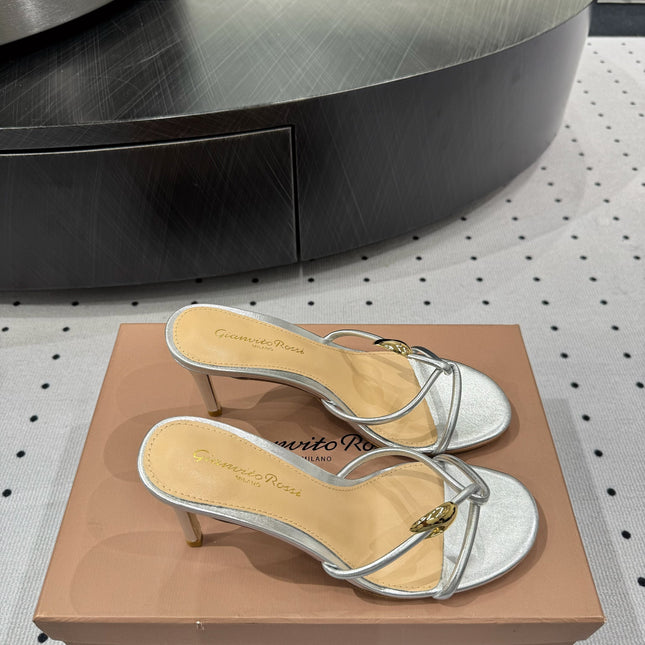 GIANVITO ROSSI 26S STRAPPY HEEL SANDALS 80 MM IN SILVER LAMBSKIN