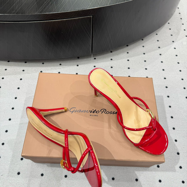 GIANVITO ROSSI 26S STRAPPY HEEL SANDALS 80 MM IN RED PATENT LAMBSKIN