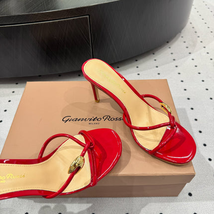 GIANVITO ROSSI 26S STRAPPY HEEL SANDALS 80 MM IN RED PATENT LAMBSKIN