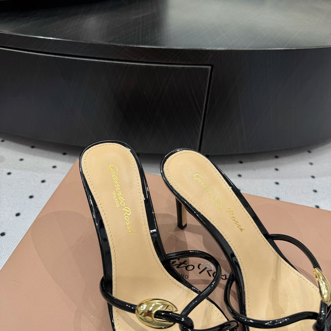 GIANVITO ROSSI 26S STRAPPY HEEL SANDALS 80 MM IN BLACK PATENT LAMBSKIN