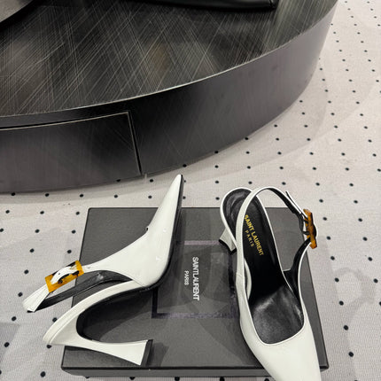 YSL 26S SLINGBACK HEELS 105 MM IN WHITE GLOSSY CALFSKIN WITH BUCKLE CLOSURE