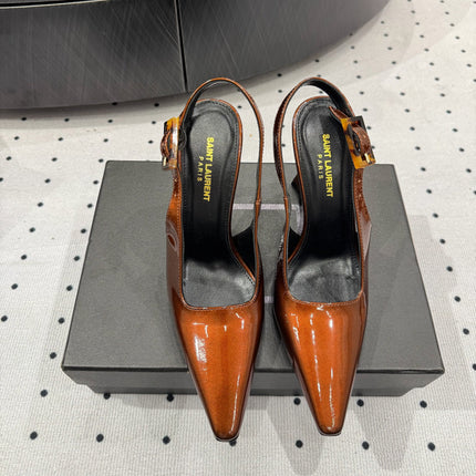 YSL 26S SLINGBACK HEELS 105 MM IN DARK ORANGE GLOSSY CALFSKIN WITH BUCKLE CLOSURE
