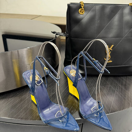 YSL 26S WEDGE HEELS 105 MM IN NAVY BLUE GLOSSY CALFSKIN