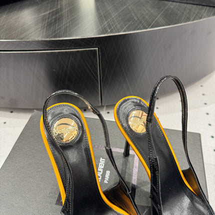 YSL 26S POINTED-TOE SLINGBACK HEELS 105 MM IN BLACK AND ORANGE PATENT CALFSKIN STYLE 4