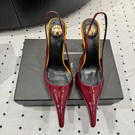 YSL 26S POINTED-TOE SLINGBACK HEELS 105 MM IN DARK RED AND ORANGE PATENT CALFSKIN