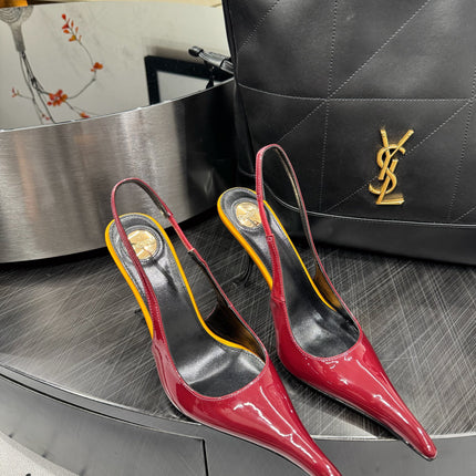 YSL 26S POINTED-TOE SLINGBACK HEELS 105 MM IN DARK RED AND ORANGE PATENT CALFSKIN