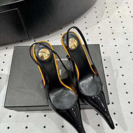 YSL 26S POINTED-TOE SLINGBACK HEELS 105 MM IN BLACK AND ORANGE PATENT CALFSKIN