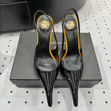 YSL 26S POINTED-TOE SLINGBACK HEELS 105 MM IN BLACK AND ORANGE PATENT CALFSKIN