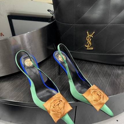 YSL 26S SLINGBACK HEELS 105 MM IN LIGHT BROWN AND GREEN SATIN