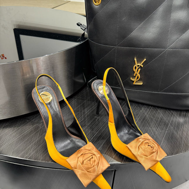 YSL 26S SLINGBACK HEELS 105 MM IN DARK ORANGE SATIN
