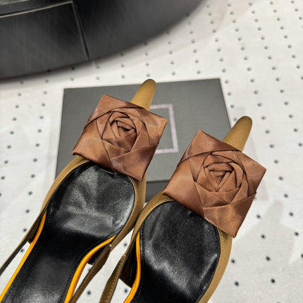 YSL 26S SLINGBACK HEELS 105 MM IN BROWN AND OLIVE SATIN
