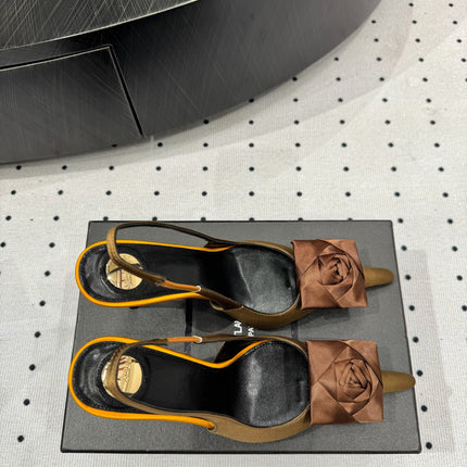 YSL 26S SLINGBACK HEELS 105 MM IN BROWN AND OLIVE SATIN