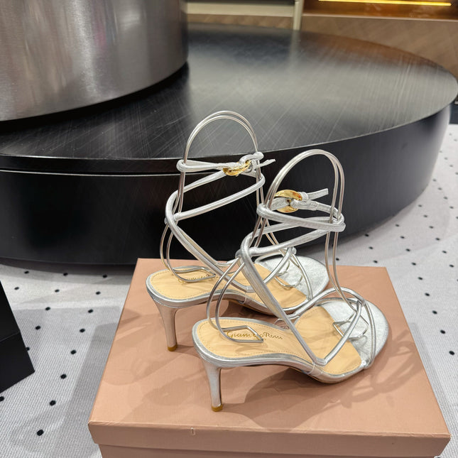 GIANVITO ROSSI 26S LACE-UP HEEL SANDALS 85 MM IN SILVER LAMBSKIN