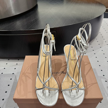 GIANVITO ROSSI 26S LACE-UP HEEL SANDALS 85 MM IN SILVER LAMBSKIN