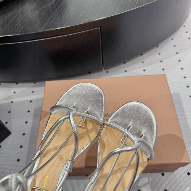 GIANVITO ROSSI 26S LACE-UP HEEL SANDALS 85 MM IN SILVER LAMBSKIN