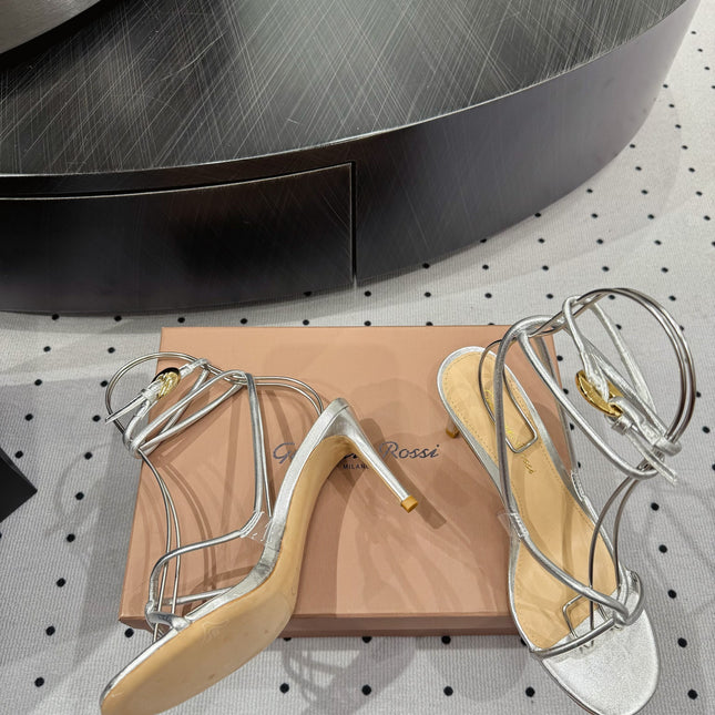 GIANVITO ROSSI 26S LACE-UP HEEL SANDALS 85 MM IN SILVER LAMBSKIN