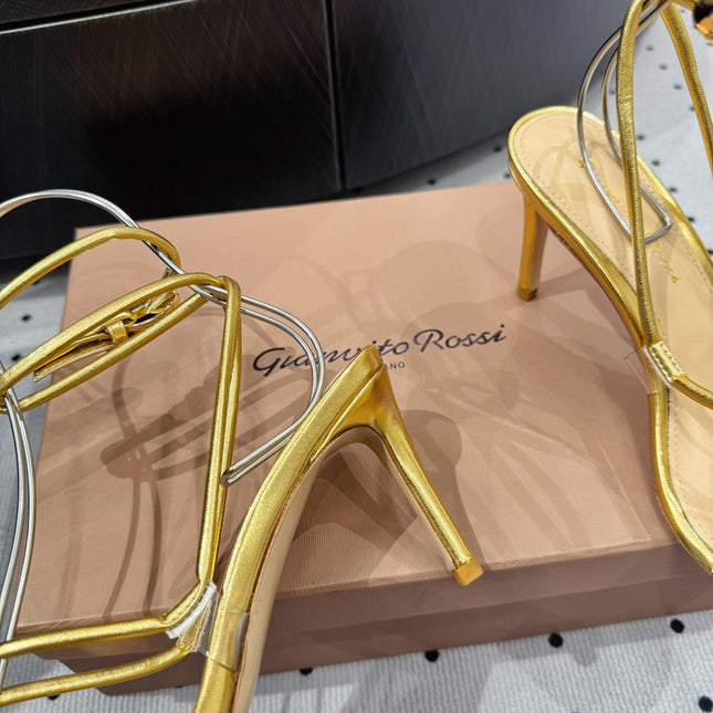 GIANVITO ROSSI 26S LACE-UP HEEL SANDALS 85 MM IN GOLD LAMBSKIN