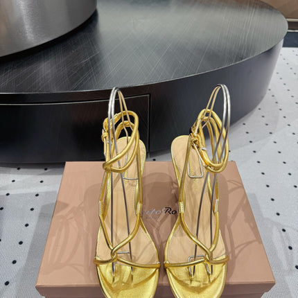 GIANVITO ROSSI 26S LACE-UP HEEL SANDALS 85 MM IN GOLD LAMBSKIN
