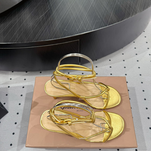 GIANVITO ROSSI 26S LACE-UP HEEL SANDALS 85 MM IN GOLD LAMBSKIN