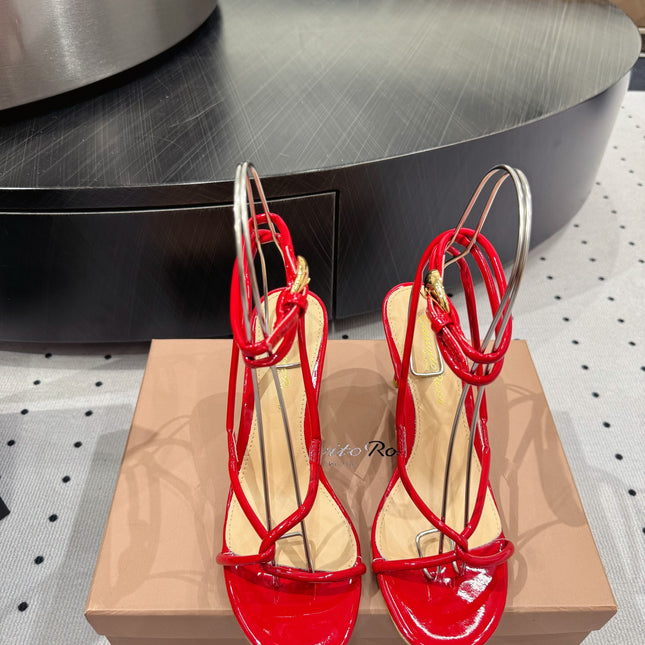 GIANVITO ROSSI 26S LACE-UP HEEL SANDALS 85 MM IN RED LAMBSKIN