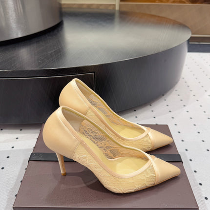 POINTED-TOE HIGH PUMPS 95MM IN YELLOW MESH AND SILK