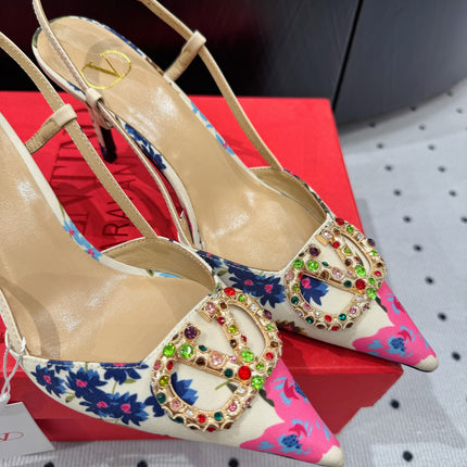 VLTN HIGH SLINGBACK 25S 80 MM IN WHITE MIX PINK FABRIC AND CALFSKIN