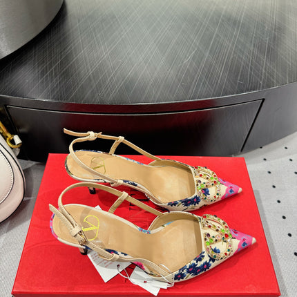VLTN HIGH SLINGBACK 25S 80 MM IN WHITE MIX PINK FABRIC AND CALFSKIN