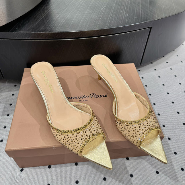 GIANVITO ROSSI 26S HIGH-HEEL SANDALS 55 MM IN METALLIC GOLD LAMBSKIN & CRYSTAL