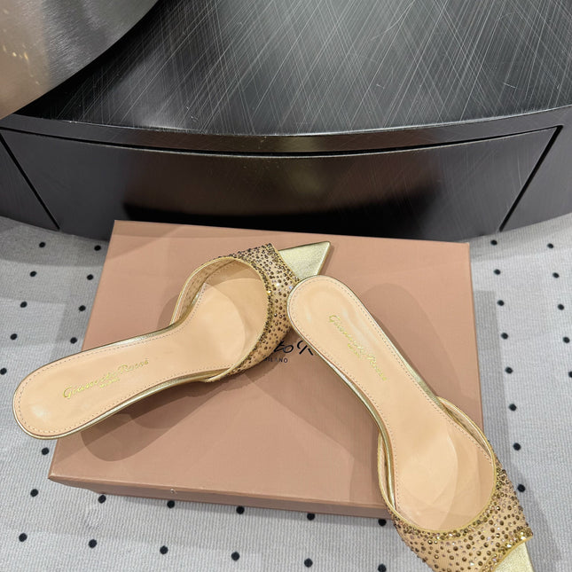 GIANVITO ROSSI 26S HIGH-HEEL SANDALS 55 MM IN METALLIC GOLD LAMBSKIN & CRYSTAL