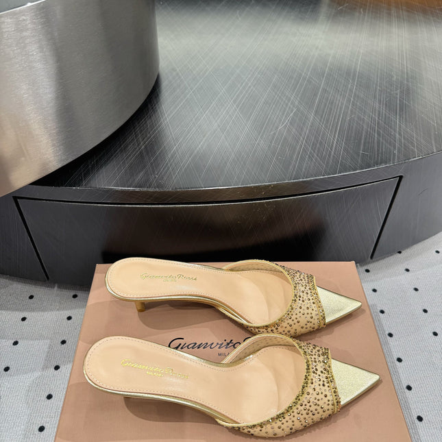 GIANVITO ROSSI 26S HIGH-HEEL SANDALS 55 MM IN METALLIC GOLD LAMBSKIN & CRYSTAL