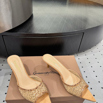 GIANVITO ROSSI 26S HIGH-HEEL SANDALS 55 MM IN BEIGE SUEDE & CRYSTAL