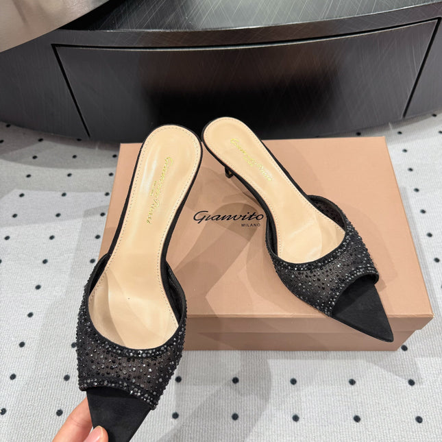 GIANVITO ROSSI 26S HIGH-HEEL SANDALS 55 MM IN BLACK SUEDE & CRYSTAL