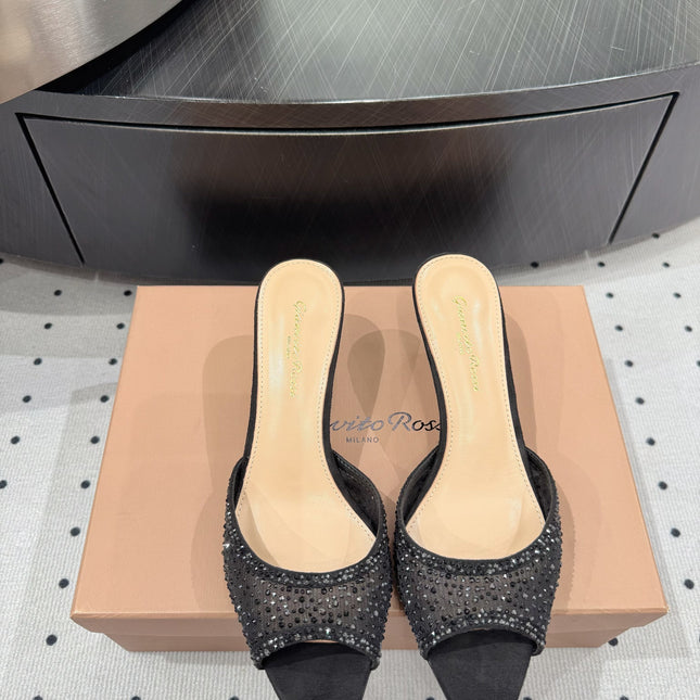 GIANVITO ROSSI 26S HIGH-HEEL SANDALS 55 MM IN BLACK SUEDE & CRYSTAL