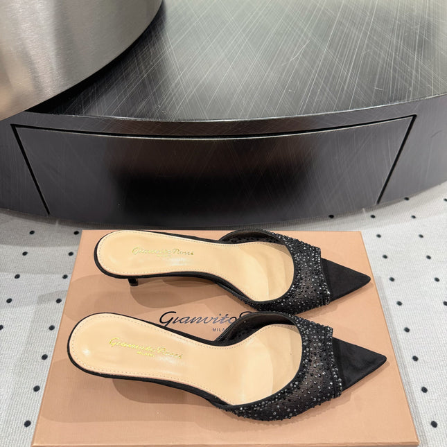 GIANVITO ROSSI 26S HIGH-HEEL SANDALS 55 MM IN BLACK SUEDE & CRYSTAL