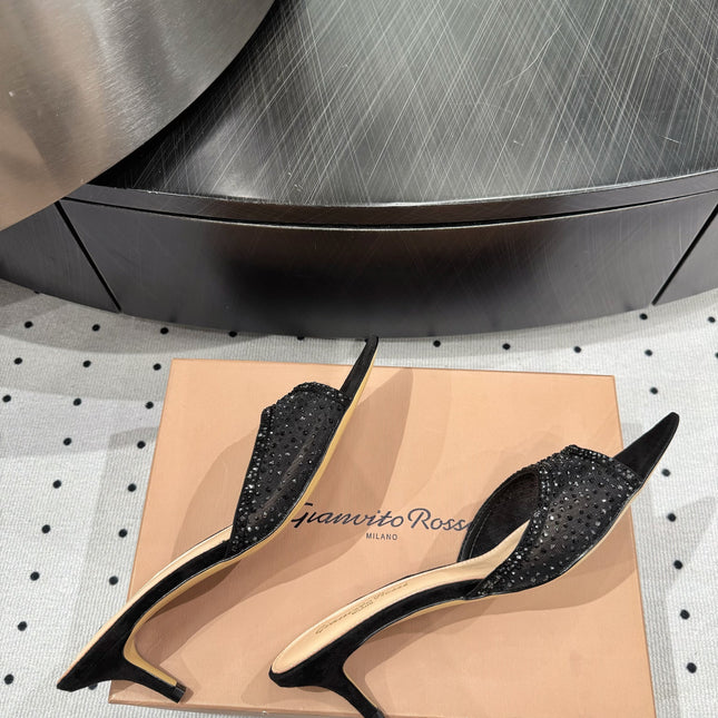 GIANVITO ROSSI 26S HIGH-HEEL SANDALS 55 MM IN BLACK SUEDE & CRYSTAL