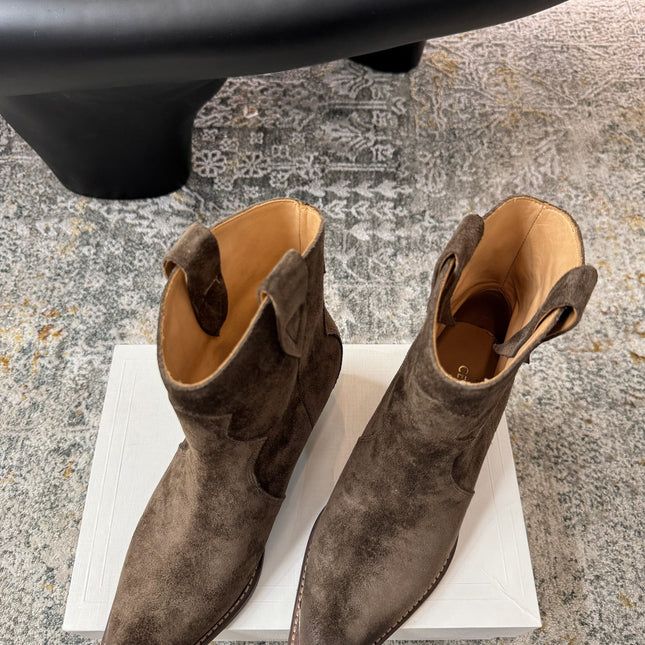 CELINE 26S ANKLE BOOTS 55 MM IN GRAYISH BROWN SUEDE