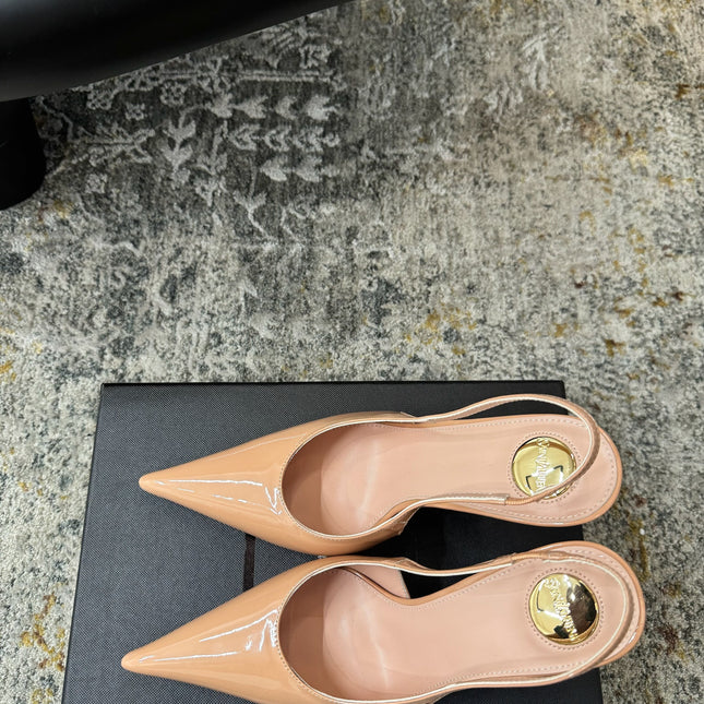 YSL 26S HEELED SLINGBACKS 100 MM IN WARM NUDE GLOSSY CALFSKIN