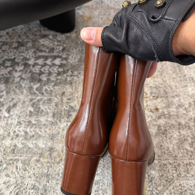 YSL 26S ANKLE BOOTS 70 MM IN BROWN SHINY CALFSKIN