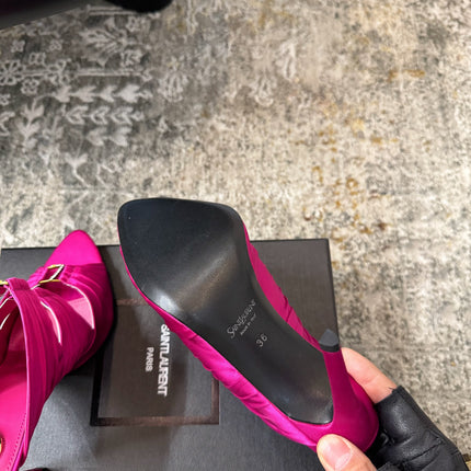 YSL 26S HEELED SANDALS 100 MM IN DARK PINK FABRIC